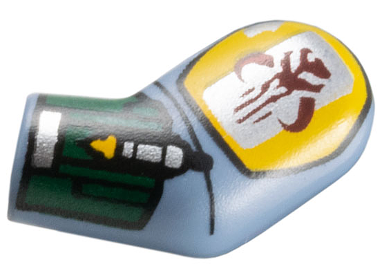 Lego Arm, Left with Bright Light Orange Shoulder Armor without Black Lines, Mandalorian Mythosaur Skull and Dark Green Gauntlet with Rocket Launcher Pattern