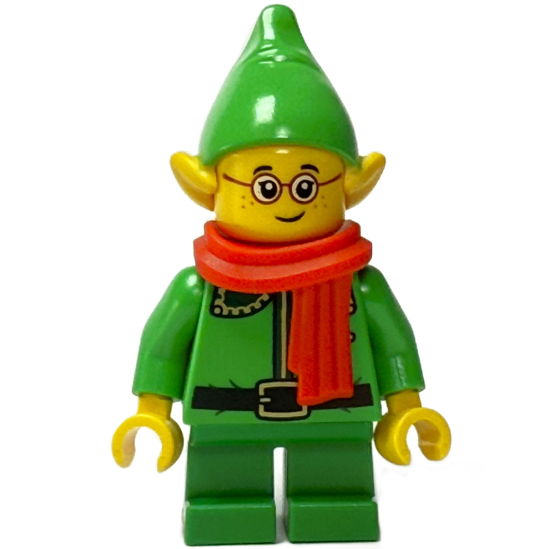 Lego Elf / Postal Elf - Bright Green Torso, Green Legs, Bright Green Hat, Dark Green Collar, Red Scarf