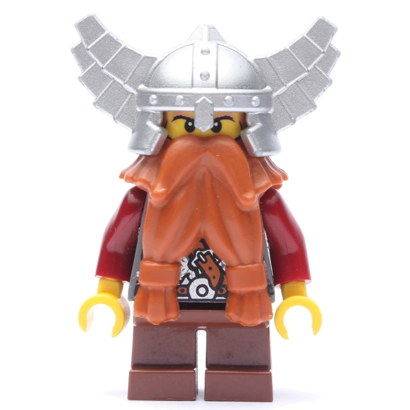Lego Dwarf, Dark Orange Beard, Metallic Silver Winged Helmet, Printed Beard