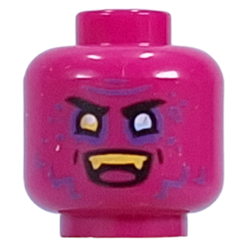 Lego Minifig Head Dogan, Yellow Left, Bright Light Blue Eye, Dark Purple Lines, Yellow Teeth, Fangs, Angry Smile/Grin / Magenta