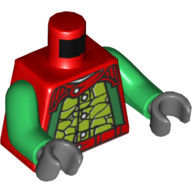Lego Torso Jacket, 5 Buttons, Lime Lizard Scale Front, Lizard Head Rear Print, Green Arms, Dark Bluish Gray Hands / Red