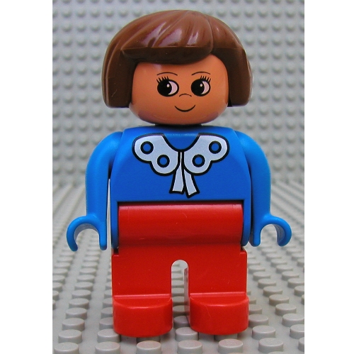 Lego Duplo Figure, Early, Hair Bob Brown, Red Legs, with White Lace Trim Print / Blue