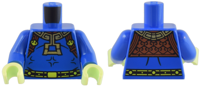 Lego Torso Robe with Ornate Reddish Brown and Gold Top, Black and Lime Belt Pattern / Blue Arms / Yellowish Green Hands