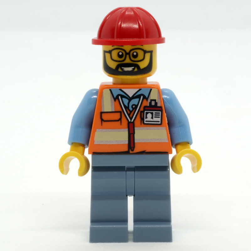 Lego Construction Worker, Orange Safety Vest, Sand Blue Legs, Red Hard Hat