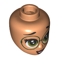 Lego Minidoll Head, Large Olive Green Eyes, Large Glasses print / Nougat