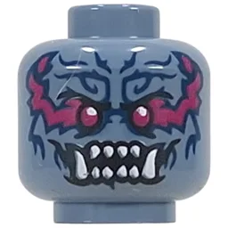 Minifig Head Oni Warrior, Dark Purple Eyes, Magenta/Dark Blue Markings, White Sharp Teeth, Fangs