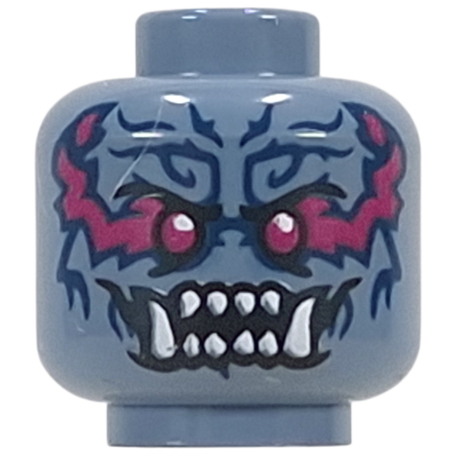 Lego Minifig Head Oni Warrior, Dark Purple Eyes, Magenta/Dark Blue Markings, White Sharp Teeth, Fangs / Sand Blue