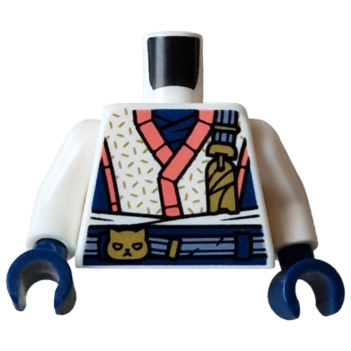 Lego Torso, Ninja Robes, Dark Blue/Coral Trim, Dark Blue Belt, Gold Cat print, White Arms, Dark Blue Hands / White