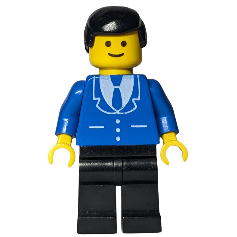 Lego Man, Blue Jacket with Tie and Three Buttons, Black Legs, Black Hair (3626a Head)