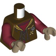 Lego Torso, Cloak, Laces, Yellow Collar, Silver Broche, Dark Red Sweater print, Dark Red Arms, Dark Tan Hands / Dark Brown