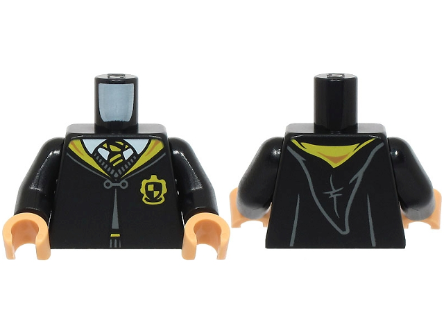 Lego Torso Hogwarts Robe Clasped with Hufflepuff Crest, Sweater, Shirt and Tie Pattern / Black Arms / Medium Tan Hands