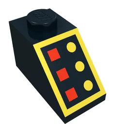 Brick Sloped 45° 2 x 1 with Bottom pin, with 3 Red Lamps, 3 Yellow Buttons, Yellow Border Print