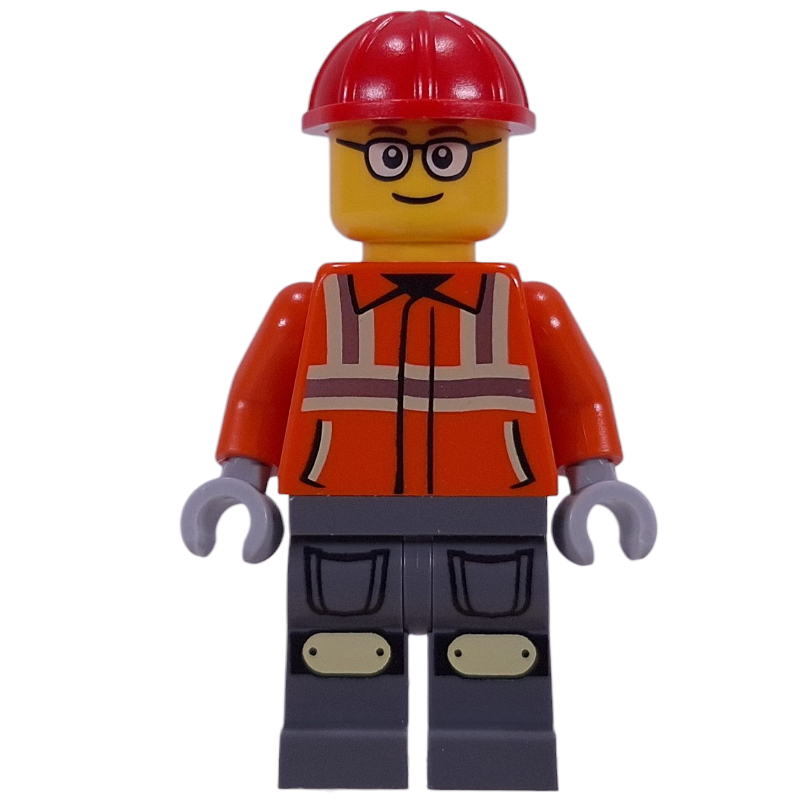 Lego Construction Worker, Reddish Orange Safety Jacket, Overalls, Red Helmet, Reddish Brown Hair