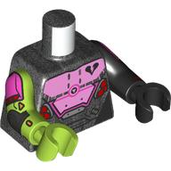 Lego Torso, Odd Arms and Hands, Battle Armor, Bright Pink Top with Broke Black Hears, Arms print, Left Black Arm and Hand, Right Lime Arm and Hand / Pearl Titanium