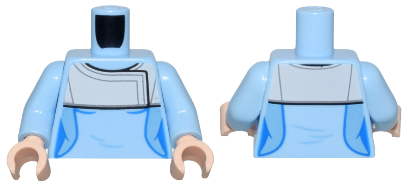 Lego Torso Female Uniform Top with Medium Blue Side Panels and Light Bluish Gray Shoulder Shawl with Silver Trim Pattern / Bright Light Blue Arms / Light Nougat Hands