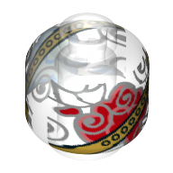 Lego Minifig Head (No Face), Bottle / Jar, Red Flower, Gold Band Print / Trans-Clear