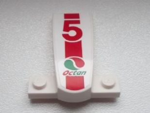 Lego Wedge 4 x 2 x 1 1/3 with 1 x 4 Base with Red Number 5 and Octan Logo on Red Stripe Pattern (Sticker) - Set 60025