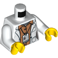 Lego Torso Lab Coat with Pockets and ID Badge over Orange Shirt Print, White Arms, Yellow Hands / White