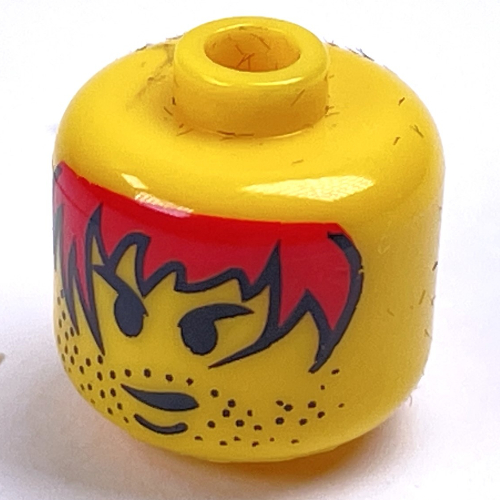 Lego Pen Bead, Round Large, Curved Edges / Cylinder with Minifig Head with Red Hair Print / Yellow