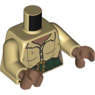 Lego Torso, Tunic, Medium Brown Chest, Dark Green Belt, Gold Belt Buckle print, Tan Arms, Medium Brown Hands / Tan