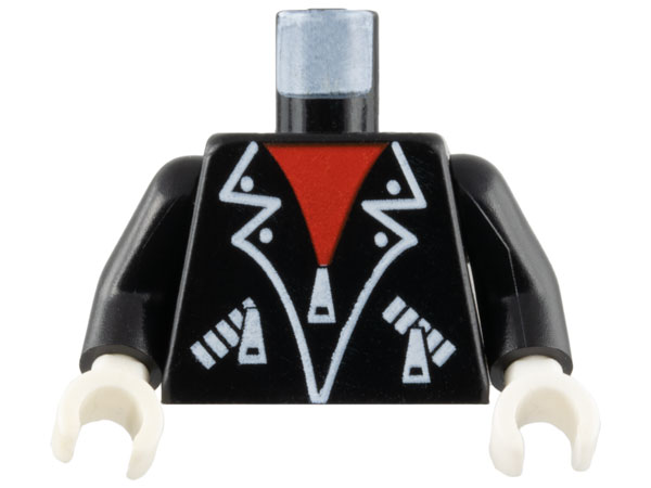 Lego Torso Leather Jacket with White Lapel Outlines, Pockets and Zippers over Red Shirt Pattern / Black Arms / White Hands