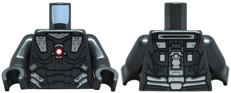 Lego Torso Armor, Silver Trim, Red and White Circle Arc Reactor Pattern / Pearl Dark Gray Arms / Pearl Dark Gray Hands