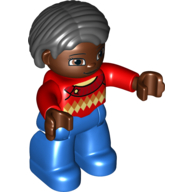Lego Duplo Figure Bob / Pageboy Hair Black, with Red Sweater with Diamond Print, Reddish Brown Face and Hands - Blue Legs / Red