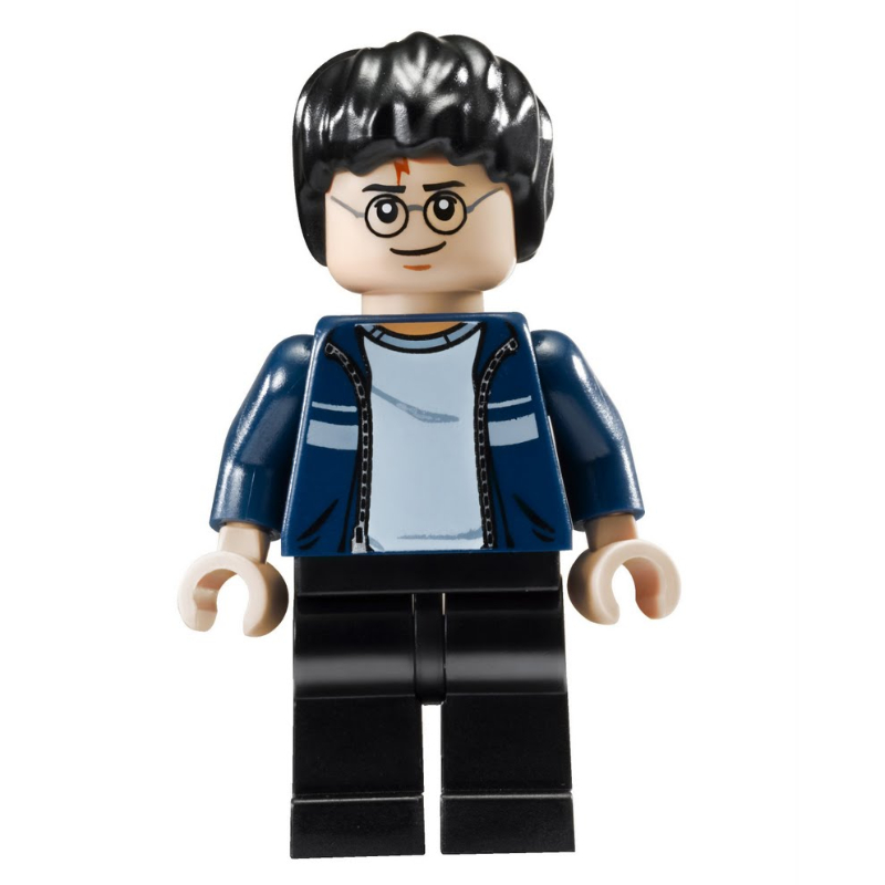 Lego Harry Potter, Open Dark Blue Jacket over White Shirt, Black Legs