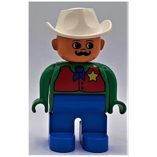 Lego Duplo Figure, Early, Cowboy Hat White, Blue Legs, Red Vest with Star Badge Print
