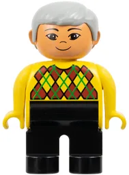 Duplo Figure - Male, Adult Man, Black Legs, Yellow Top with Argyle Pattern, Light Gray Hair, Nougat Head (75499)