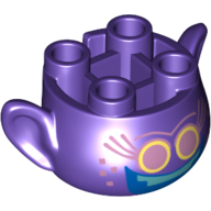 Lego Minifig Head Special, with Ears and 4 Studs on Top, with Face with Big Pink Eyes and Blue Open Mouth Smile Print (Mermaid Troll) / Dark Purple