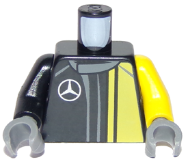 Lego Torso Racing Suit with Yellow Panel, Dark Bluish Gray Collar, Silver Mercedes-Benz Logo, and White AMG Logo on Back Pattern / Yellow Arm Left / Black Arm Right / Dark Bluish Gray Hands