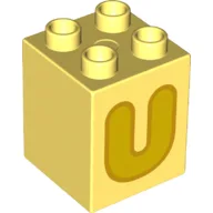 Duplo Brick 2 x 2 x 2 with Yellow 'U' Print / Bright Light Yellow