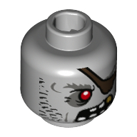 Lego Minifig Head Zombie Pirate, Red Eye, Eyepatch, Stubble, Large Teeth / Light Bluish Gray