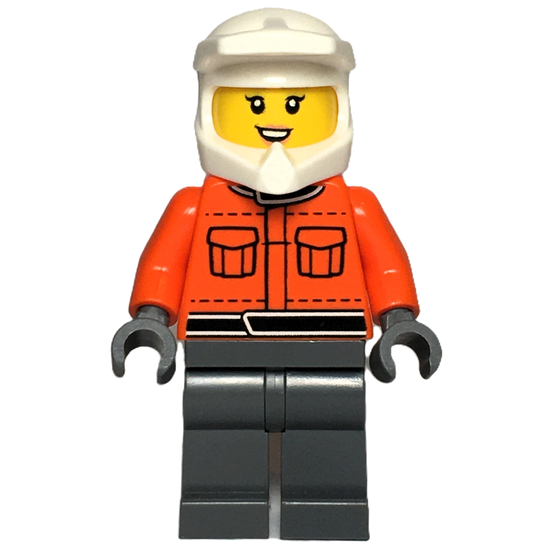 Lego Pit Crew, Reddish Orange Torso, Dark Bluish Grey Legs, Female, Smile