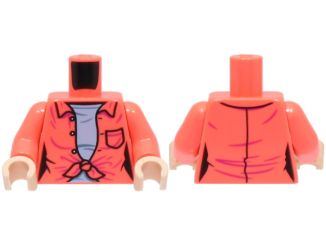 Lego Torso Female Open Shirt Tied with Buttons and Pocket over Bright Light Blue Shirt Pattern / Coral Arms / Light Nougat Hands