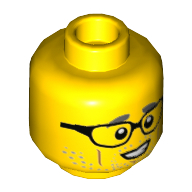 Lego Minifig Head Wheeler, Glasses, Gray Eyebrows and Stubble, Medium Nougat Cheek Lines and Chin Dimple Print / Yellow