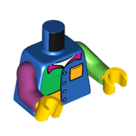 Lego Torso, Odd Arms, Shirt, Bright Green and Bright Light Orange Panels, Pocket, Buttons, Magenta Collar print, Left Bright Green Arm, Right Magenta Arm, Yellow Hands / Blue