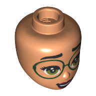 Lego Minidoll Head, Olive Green Eyes, Dark Green Glasses, Dark Red Lips print / Nougat
