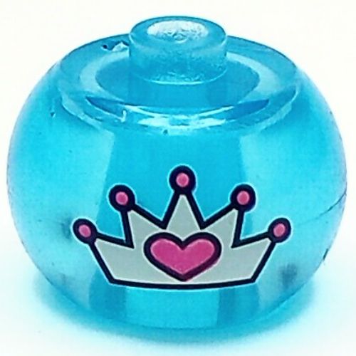 Lego Pen Bead, Round Orb with Crown Print / Trans-Light Blue
