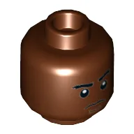Minifig Head, Eyebrows, Dark Tan Chin Dimple, Sad Print / Reddish Brown