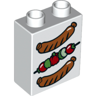 Lego Duplo Brick 1 x 2 x 2 with Bottom Tube - Vegetable Skewer and 2 Sausages print / White