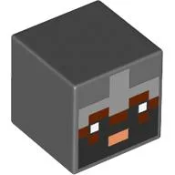 Minifig Head Special, Cube with Pixelated Black, Light Bluish Gray, smf Reddish Brown Face, White Eyes Print / Dark Bluish Gray