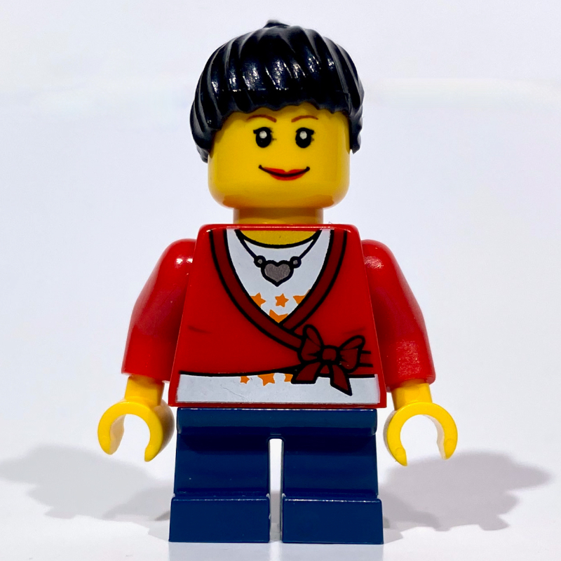 Lego Girl, Cardigan Tied with Bow, Necklace, Short Dark Blue Legs