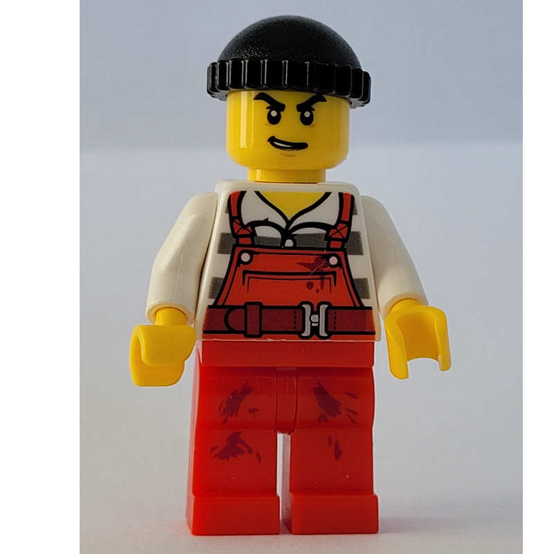 Lego Criminal Joe Frankfurter, Red Overalls over Prison Shirt, Black Hat