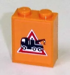 Brick 1 x 2 x 2 with Inside Axle Holder with Tow Truck Danger Sign Pattern Facing Left (Sticker) - Sets 7638 / 7642 / 7686