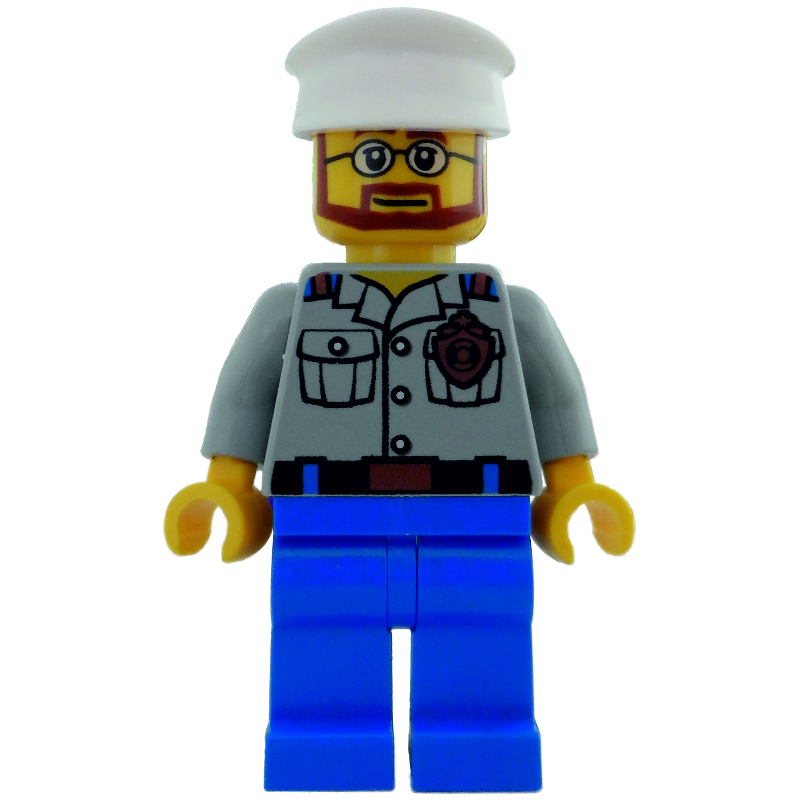 Lego Coast Guard Ship Captain, Light Bluish Gray Shirt with Badge, White Hat, Beard and Glasses
