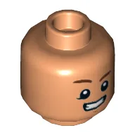 Minifig Head Rowan, Reddish Brown Eyebrows, Raised Eyebrow Straight Smile, Teeth, Clenched Print [Hollow Stud] / Nougat