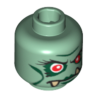 Lego Minifig Head Troll Queen, Red Eyes, Dark Green Lips and Lower Fangs Print [Blocked Open Stud] / Sand Green
