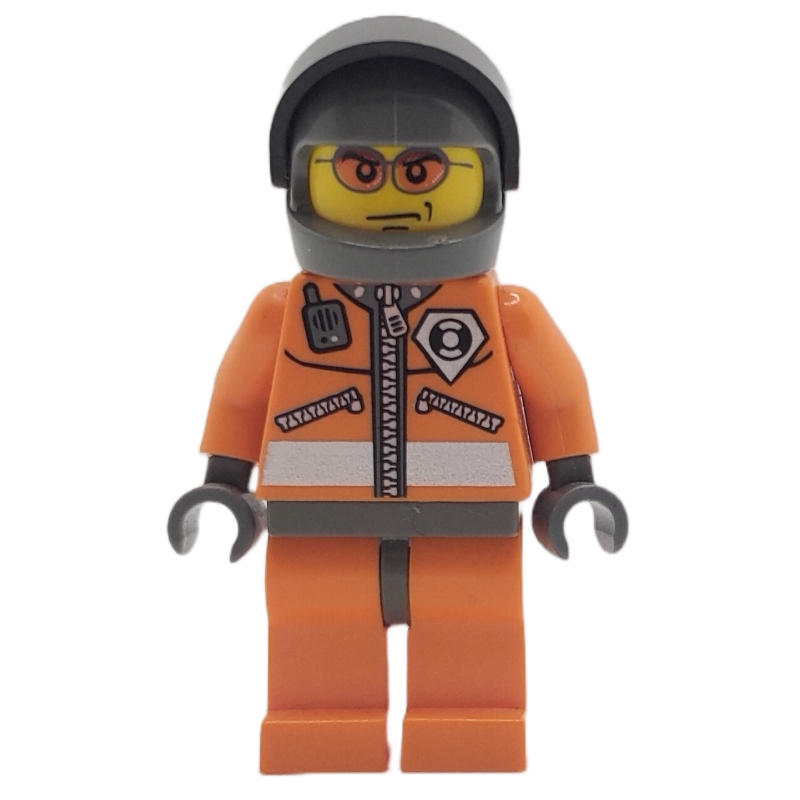 Lego Coast Guard, Orange Jumpsuit with Zipper, Radio, and Badge, Dark Bluish Gray Hands, Dark Bluish Gray Helmet with Visor, Orange Sunglasses